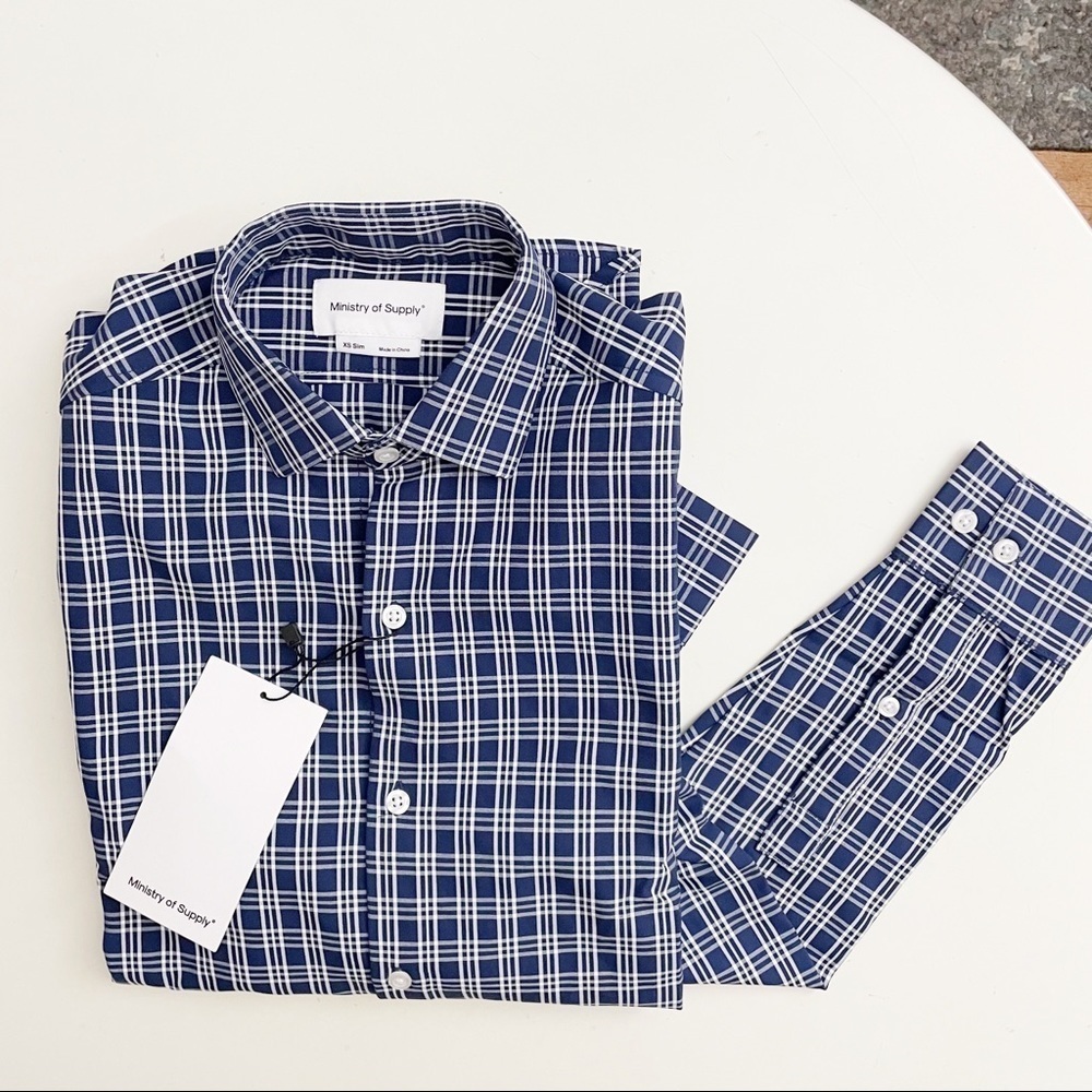 Ministry Of Supply Men’s Aero Zero Dress Midnight Plaid Shirt Size Xs Slim New